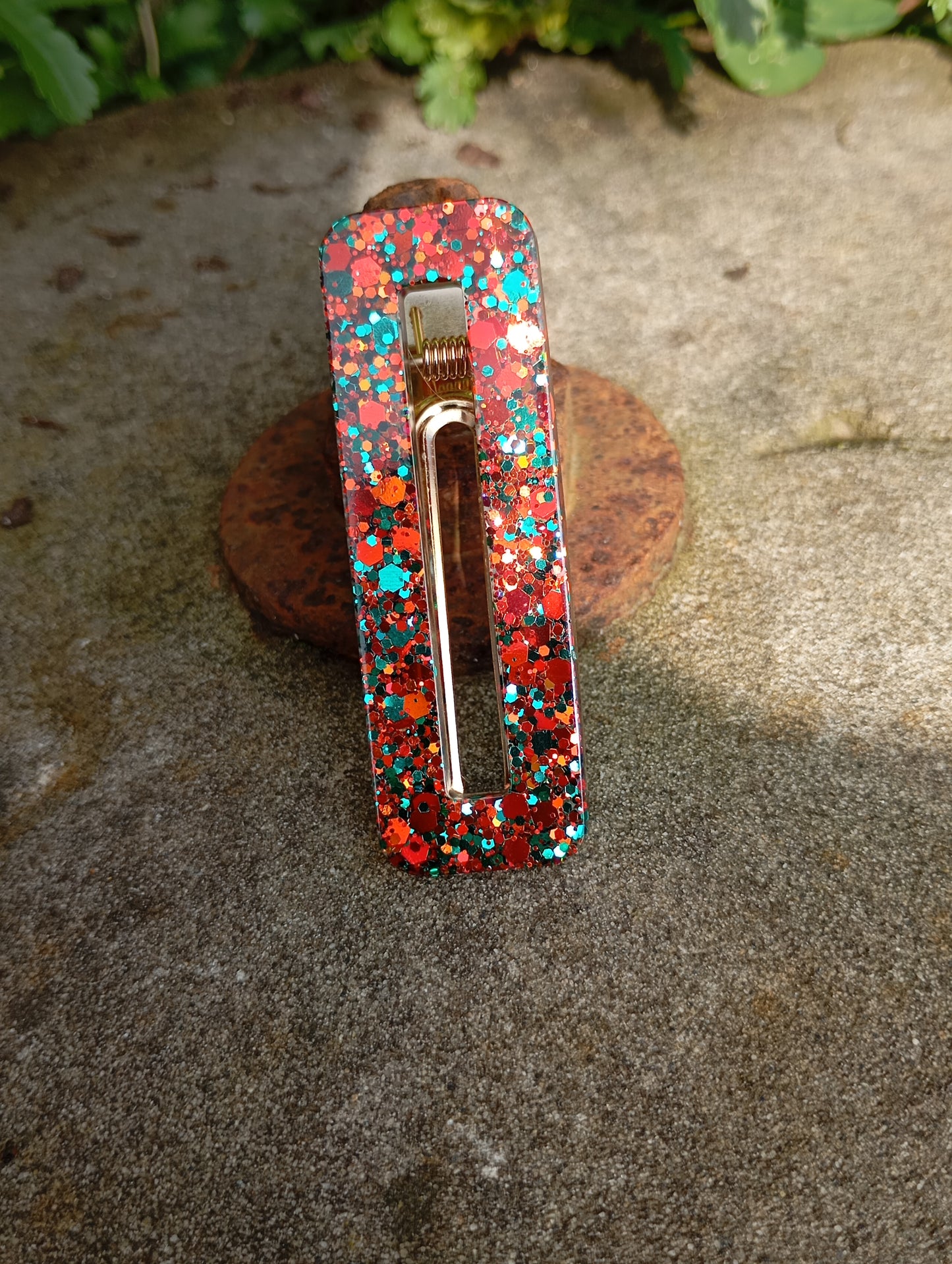 Barrette en Résine Paillettes Rouge & vert